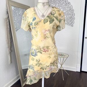 Coldwater Creek Early 2000's Asymmetric Yellow Floral Mesh Blouse Top 16 / XL